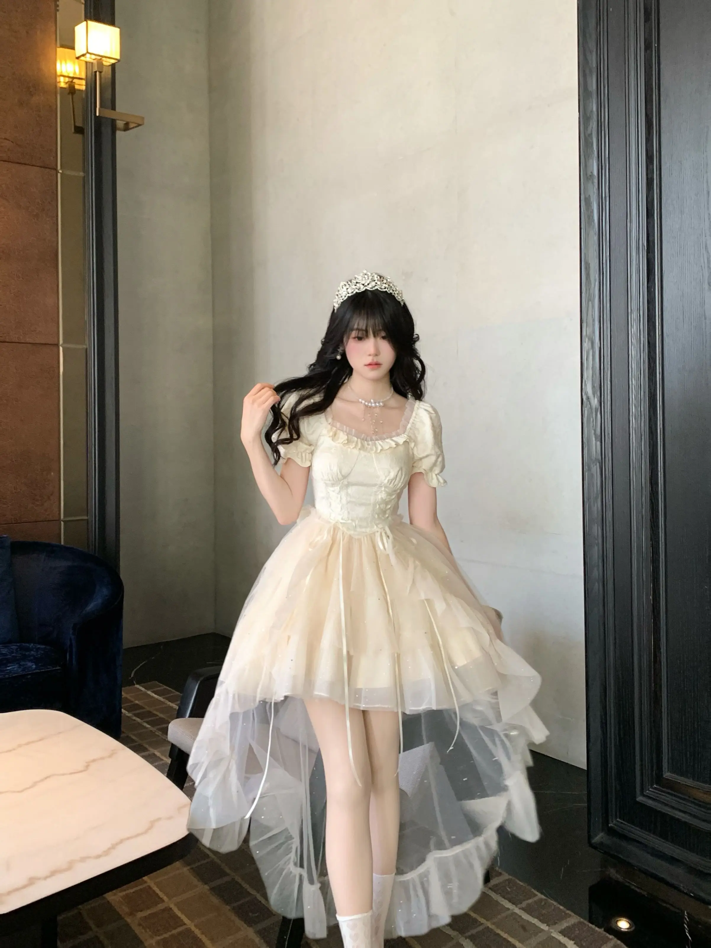 MAGOGO Elegant Ruffles Chic Fairy Dress Women Apricot Sweet Korean Princess Dress Female Summer Bow Glitter Trailing Party Dress