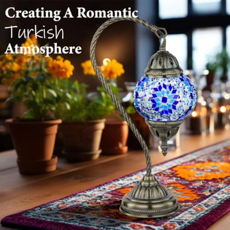 Stained Glass Lamp Turkish Moroccan Table Lamp with Vintage Style, Handmade Tiffany Lamps with Mosaic GlassandSwan Neck Bronze