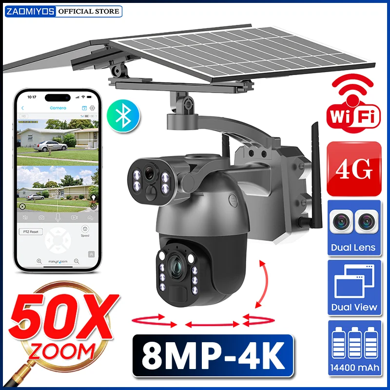 4G SIM 4K 50X Zoom Outdoor Waterproof Solar Camera WiFi Dual Screen PTZ Surveillance Motion Detection Tracking Security IP cam