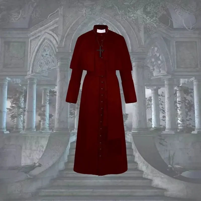 

New Medieval Vintage Priest Uniform Robe Halloween Men Pope Pastor Cloak Cape Cosplay Costume Renaissance Monk Robe Clergy Sets
