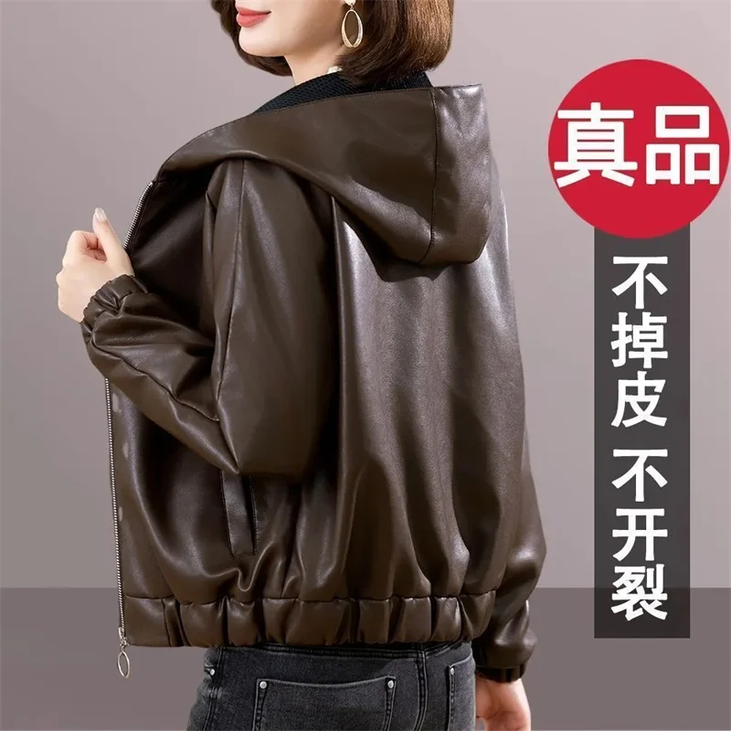 

Velvet PU Leather Coat Woman 2025 New Fur Jacket Autumn Winter Hooded Loose Outerwear Slim Short Leather Jackets Ladies Outcoat