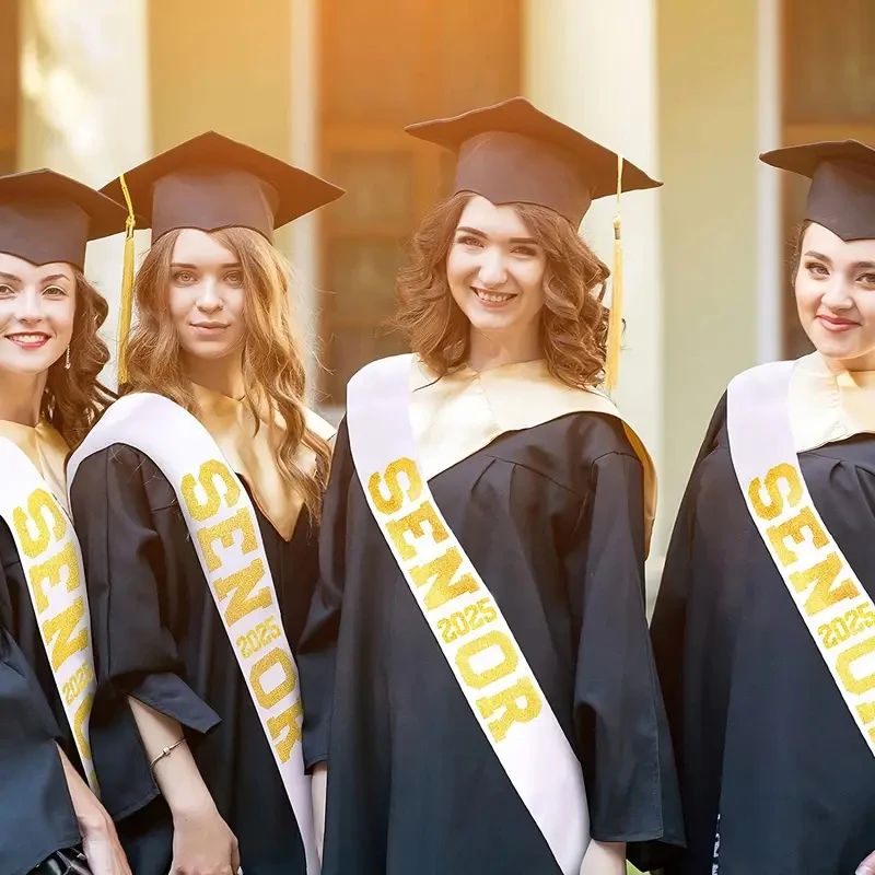 6Pcs White Senior 2025 Satin Sashes With Gold Glitter Letters Senior 2025 Decorations For 2025 Graduation Students Celebration