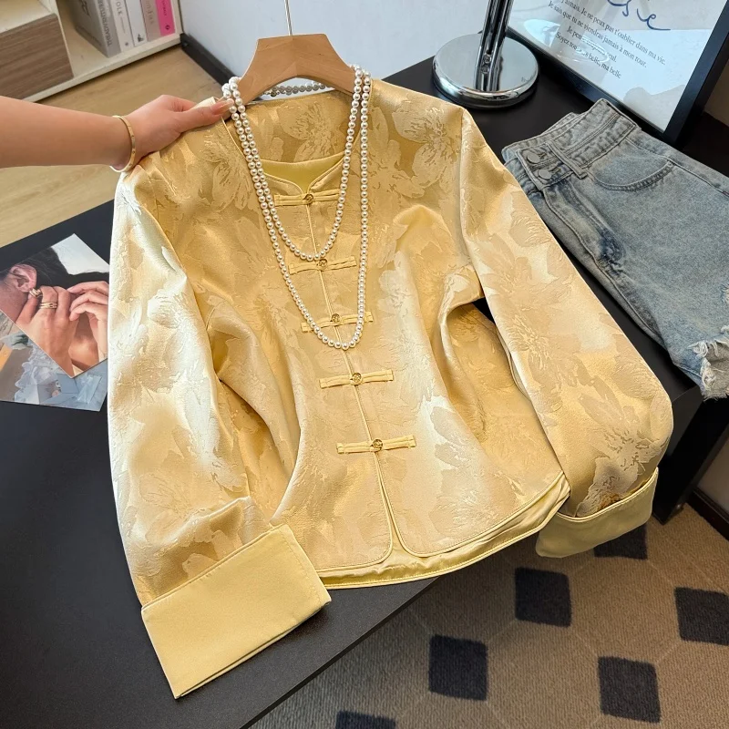 New Chinese Style Classical Lady Autumn National Style Open Cardigan Heavy Embroidery Button Long Sleeve Shirt with Turned Cuffs