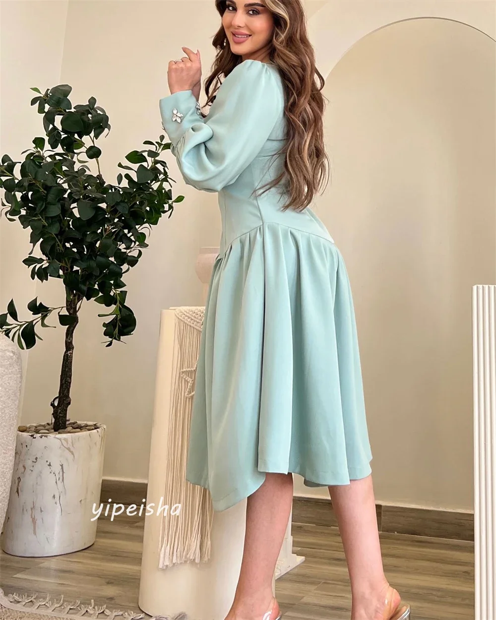 Customized Prom Gown Jersey Beading Draped Pleat Birthday A-line O-Neck Exquisite High Quality Occasion Evening Dress for Women