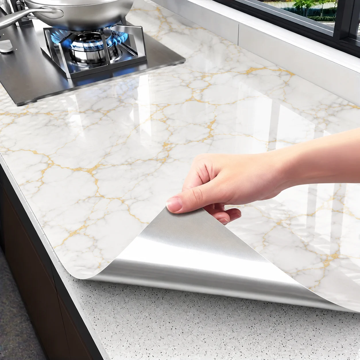 Marble Oil Proof Self-Adhesive Wallpaper Heatproof Anti-Grease Vinyl Wrap For Kitchen Backsplash Cabinet And Desk Decoration.