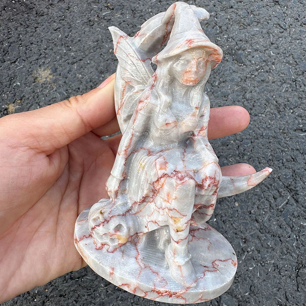 Custom Handcrafted Natural Red Network Stone Fairy Witch on Crescent Moon Figurine - Cute Gemstone Fantasy Statue Collectible