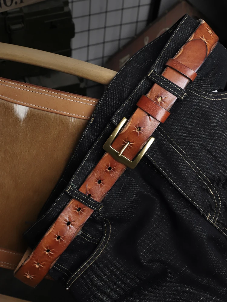 3.6CM Width 4MM Thick Cowhide Copper Buckle Genuine Leather Casual Jeans Belt Men High Quality Retro Luxury Male Strap