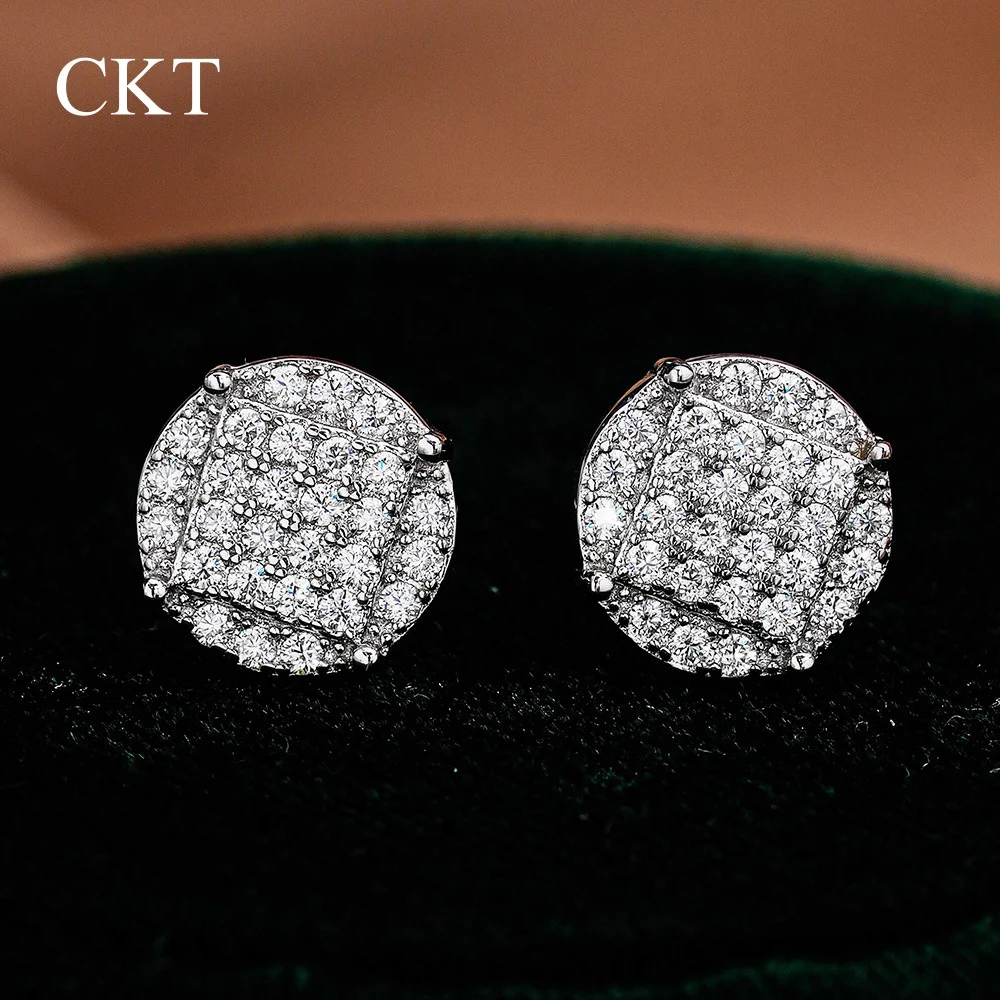 

CKT 18k White Gold Stud Earrings Moissanite for Women Straight Row Geometric Irregular Round Bag Precision Quality Fine Jewelry