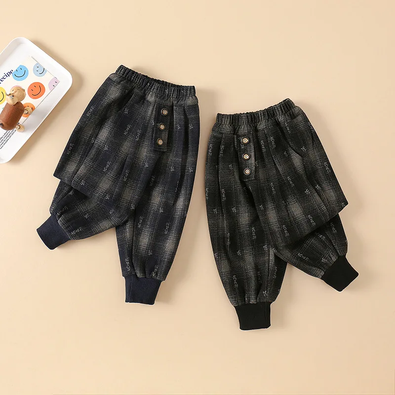 

Childrens Spring Autumn New Pants 2025 Korean Fashion All-match Trousers Boys Plaid Long Pants with Button