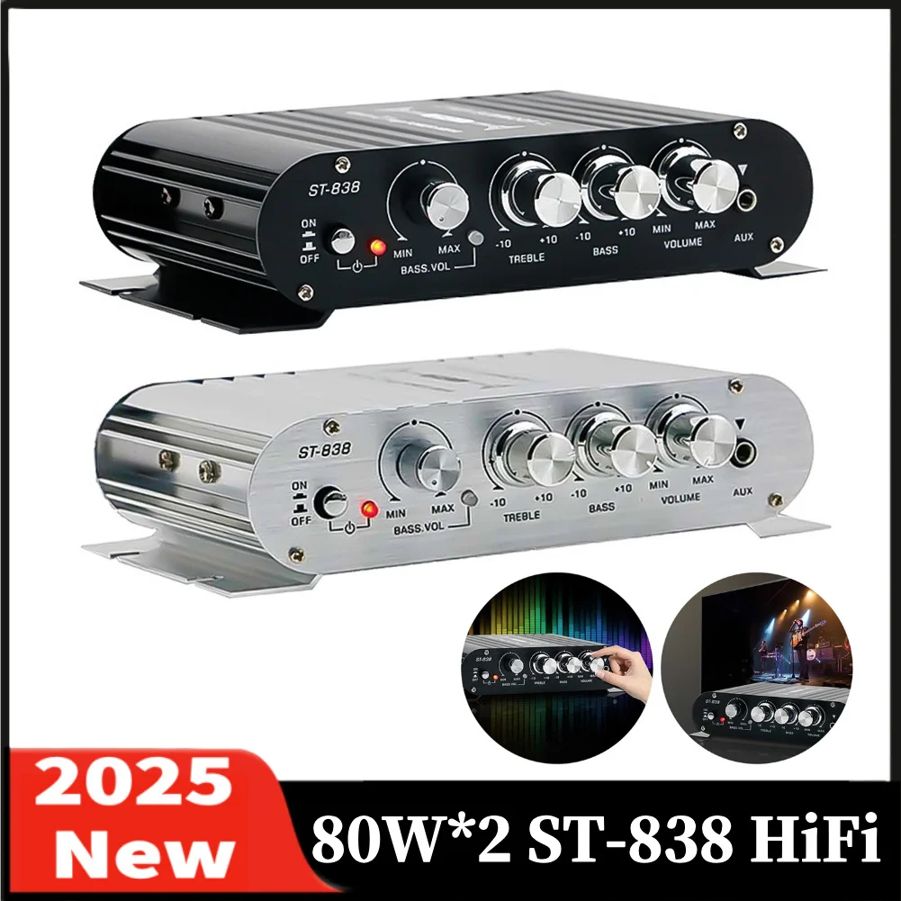

ST-838 HiFi 2,1-канальный усилитель мощности 80 Вт * 2 Мини-стерео с регулировкой басов и высоких частот Медиаплеер Усилитель звука высоких частот