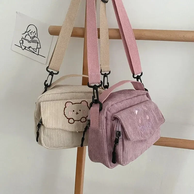 Personalized Teddy Bear Embroidered Diagonal Shoulder Bag, Corduroy Crossbody Bag, Cute Teen Canvas Bag,Harajuku Phone Pouch