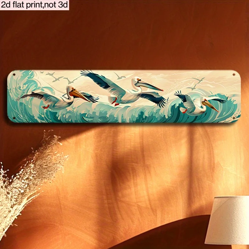 2D flat, modern coastal metal wall art - turquoise waves  soaring pelicans - elegant beach decoration,suitable for living rooms