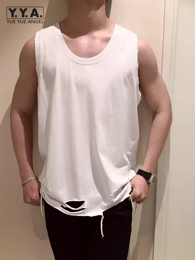 

Summer Mens Loose Sleeveless Casual T-Shirt O-Neck Design Hole Solid Color Pullover Top High Street Hip Hop Mens Tank T-Shirts