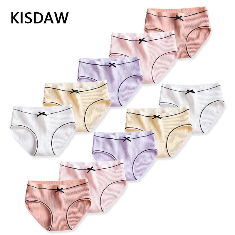 10 Pcs/Lot Soft Cotton Panties For Girls Teens Solid Girls Briefs Female Mid Waist Underwear Intimates Threaded Bow Underpants