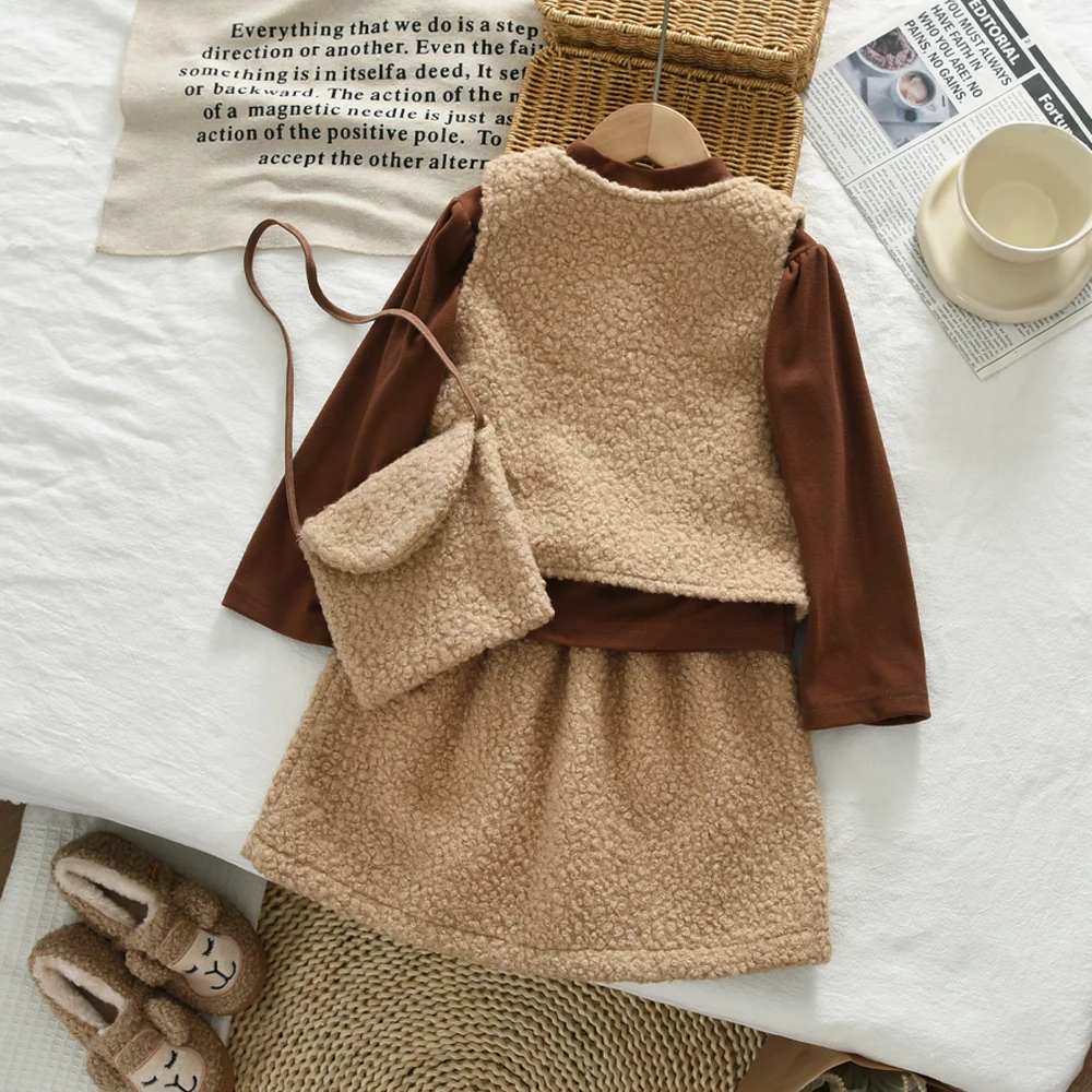 Korean Fashion Autumn Clothes Brown Bottom Shirt+Teddy Velvet Tank Top+Half Skirt+Small Bag Four Piece Set for Girls Aged 3-7