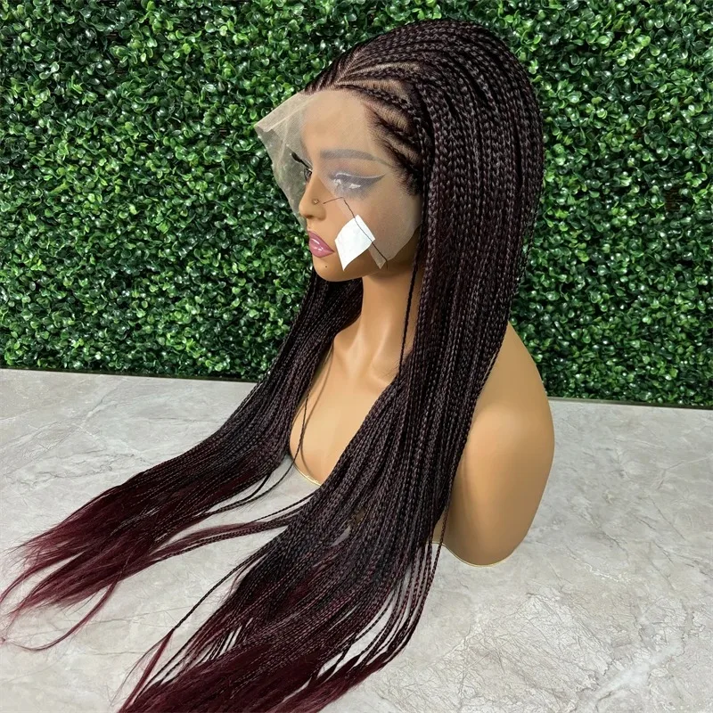 Dark Burgundy Synthetic Braided Wig Lace Frontal Braids Wig 26 Inch Cornrow Lace Wigs 99J Win Red Color Wig for Women Daily Use