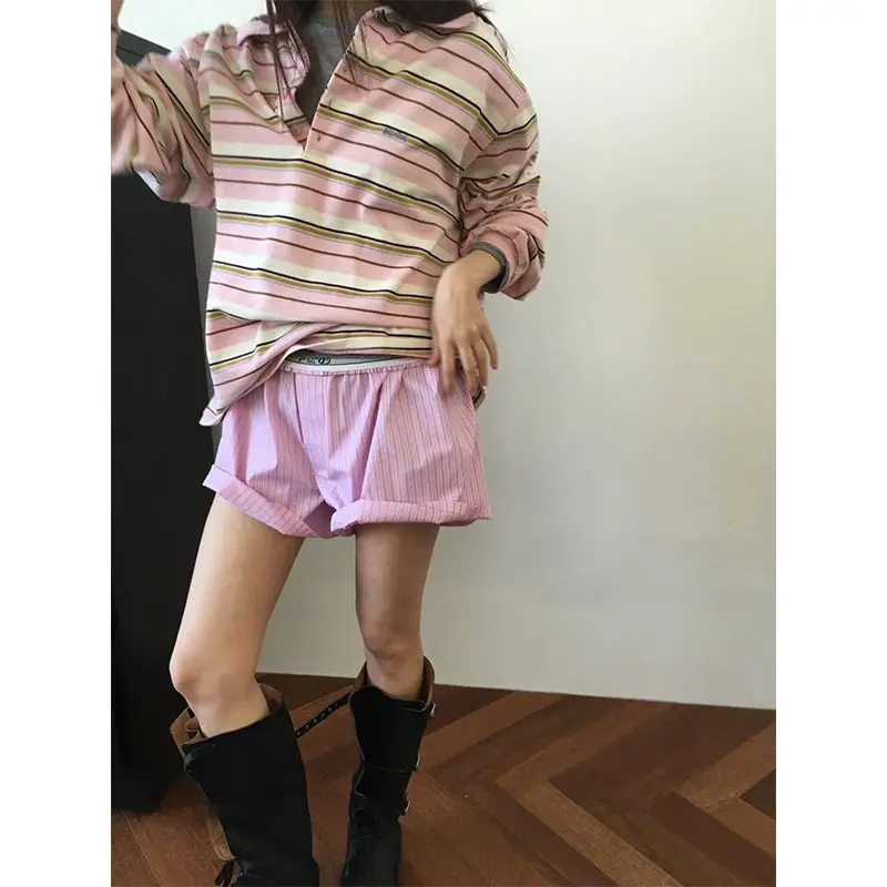 

Selfwill Collar Letter Embroidery Striped Loose T-irt Sweatirt Women's Regular Length Long Sve Cute Sle