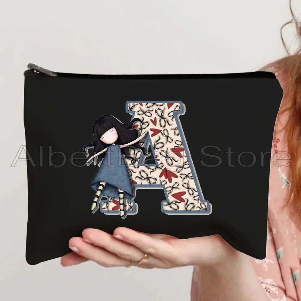 Lovely Alphabet Initial Letter Cartoon Girl Santoro Books Lover Gorjuss Doll Cosmetic Bags Makeup Toilet Bag Pencil Case Pouch