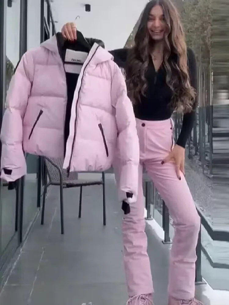 

HH Women 2026 Fashion Pocket Long Sleeve Zipper Hooded Skiing Cotton-padded Drawstring Jacket+High Waist Casual Winter Pant Set