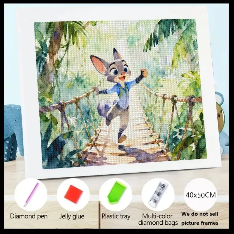 

1 шт. 5D DIY Full Drill Diamond Painting Kit, милая мультяшная лиса (нике-уайльд) на сценке моста в джунглях, хрустальный драгоценный камень, художественное ремесло для