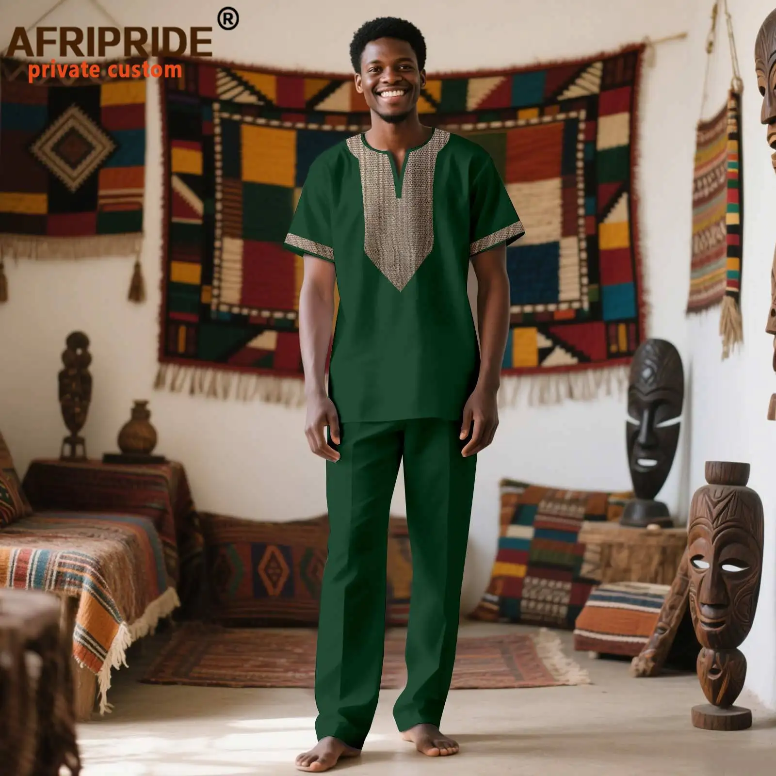 African Suits for Men Short Sleeve Embroidery Print Shirts and Pants 2 Piece Set Dashiki Outfits for Wedding Evening 2516062