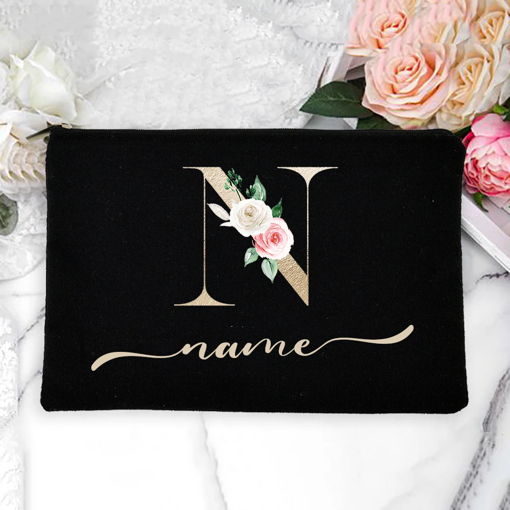 Custom Name Travel Party Wedding Gifts Personalized Name Women Makeup Bag Gold Alphabet Flowers Canvas Cosmetic Cases Handbag