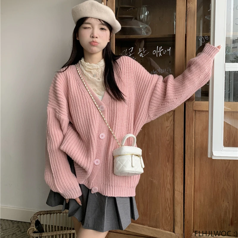 2023 Autumn Winter Coat Outerwear Casual Loose Lazy Japan Preppy Style Single Breasted Button Knitted Sweater Cardigans Pink