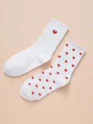 2 Pairs Women Middle Stockings Set Red Heart Pattern in White Socks  Fashion Breathable For Female Casual Style