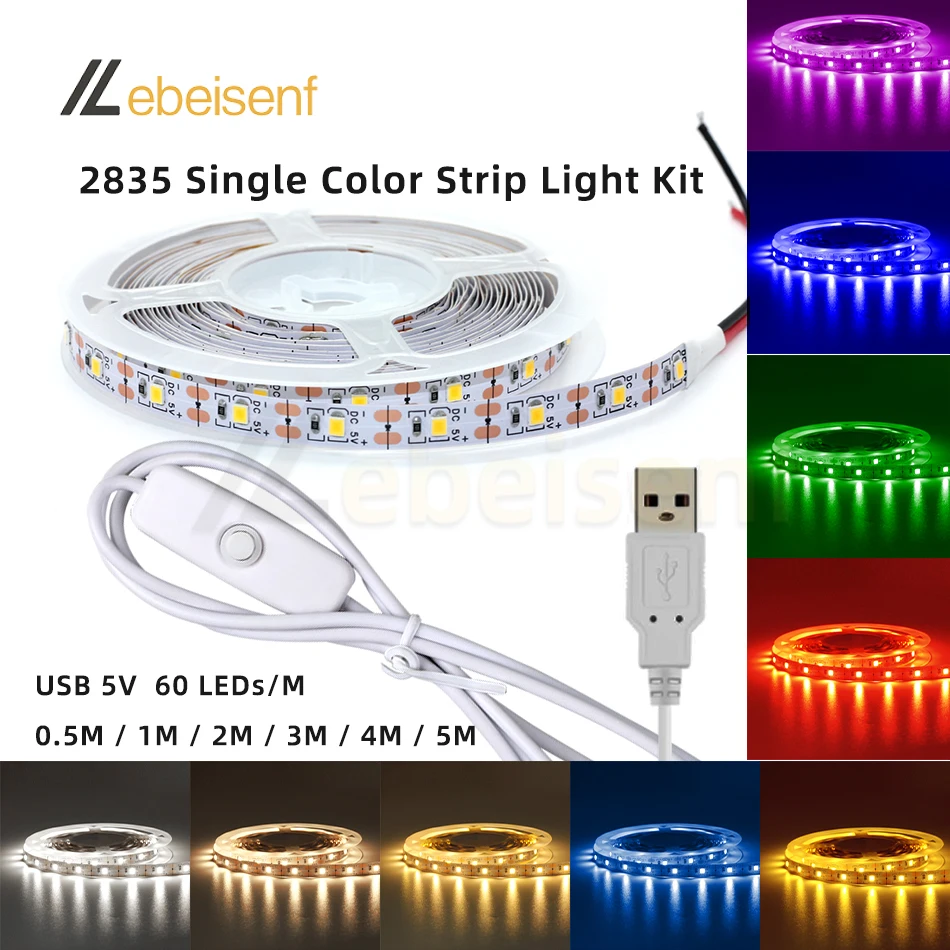 Set 0.5M 1M 5M 5V 2835 SMD Cold Warm White Red Green Blue Yellow Pink LED Strip Light With USB Button Switch wire For Home Decor