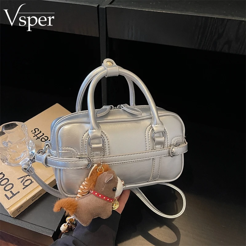 

Сумки Vsper Mini Boston с верхней ручкой для женщин, из веганской кожи, однотонные, на плечо, через плечо, с подвеской в виде маленького коня