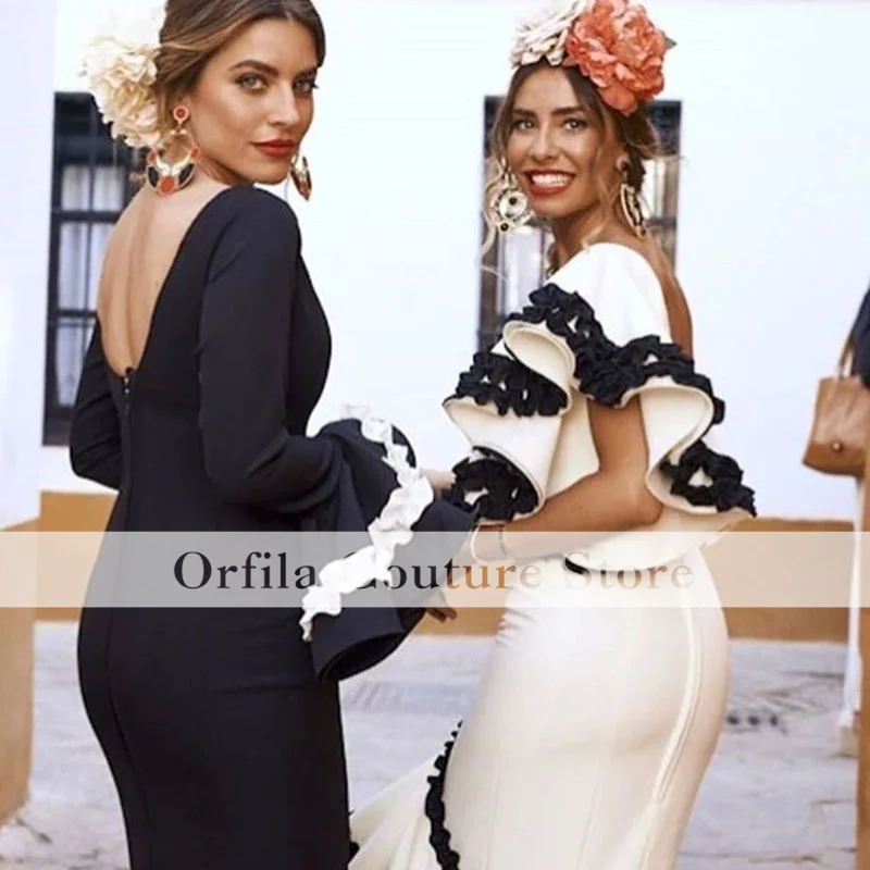 Black Evening Dress 2024 Ruffles Sleeves Long Spanish Style Prom Dance Dresses Ceremony Party Gowns for Women
