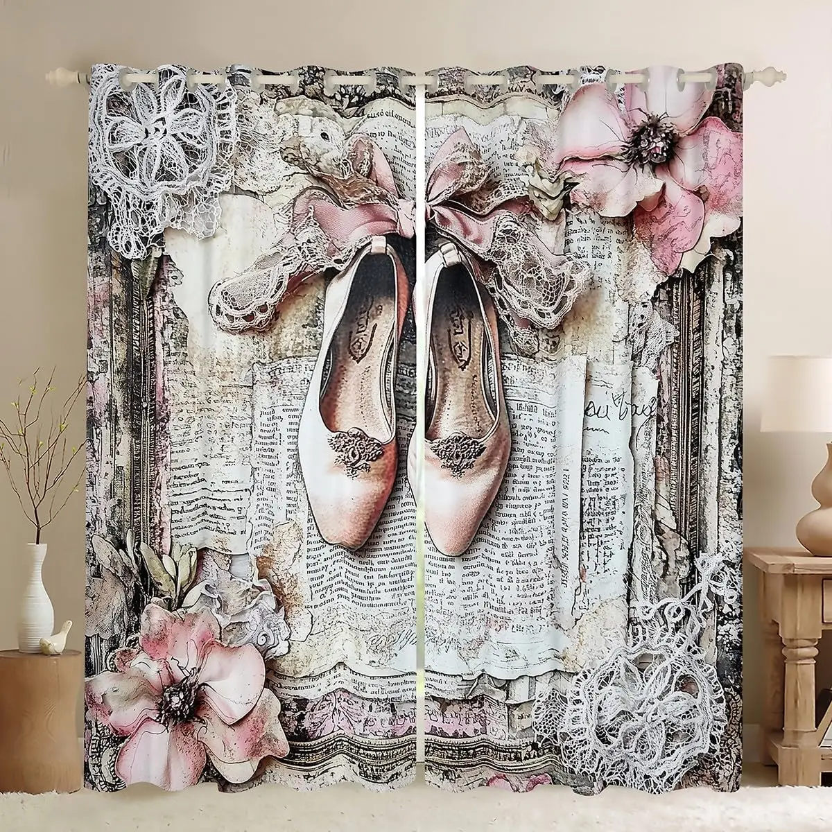 Vintage Romantic Floral Shabby Chic Print Curtains Literary Paper Style Shoe Lace Panel Window Treatment Aesthetic Bedroom Livin
