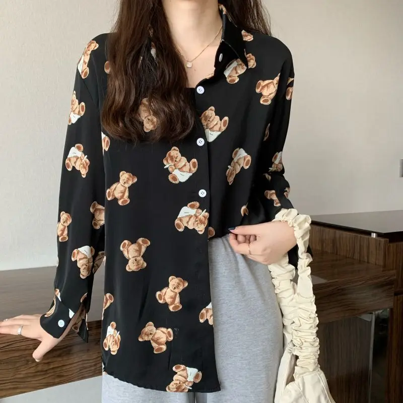 Fashionable Plus Size Women's Thin Shirt Loose and Versatile Cute Teddy Bear Hip-hop Print Anti-aging Long Sleeved Shirt