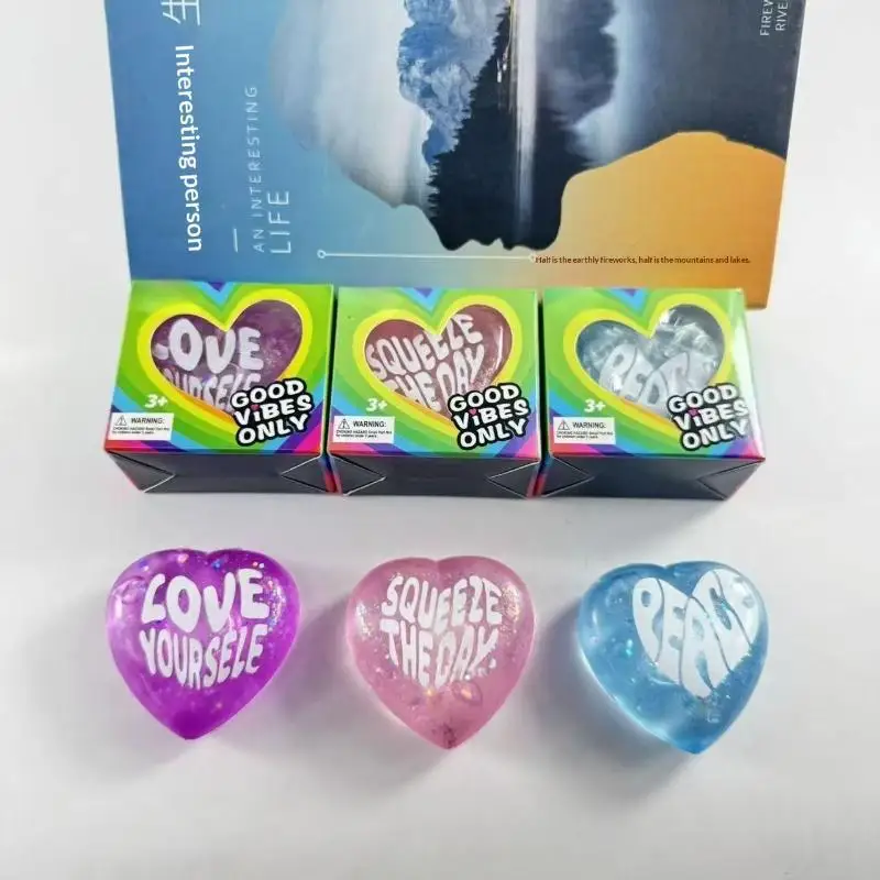 【M】Glitter Heart Shaped Squeeze Toys With Positive Quotes Soft Touch For Kids Adults Relaxation Party Favors