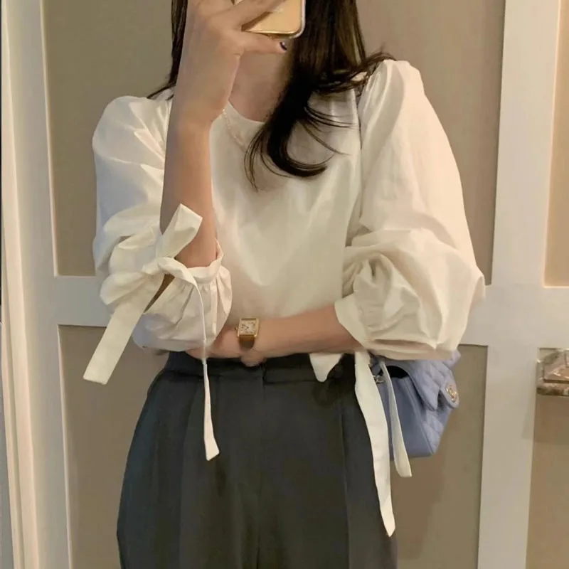 Chic Spring 2023 Women's Loose Casual round Ne White irt  Knot Sve Tops Korean Sle Commute Pure Color