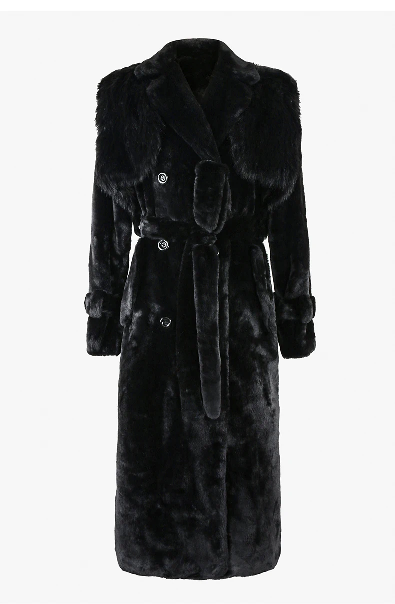 Nerazzurri Winter Long Black Thick Warm Fluffy Faux Fur Coat Women with Detachable Fake Fur Vest Double Breasted Overcoat 2024