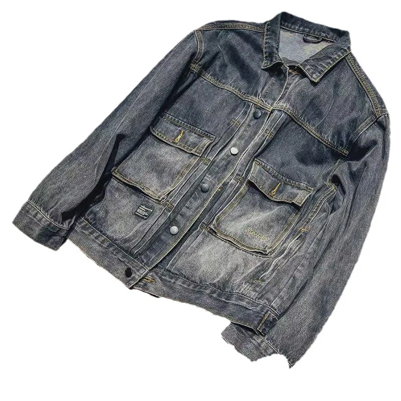 Jaket Denim pria, kualitas tinggi jaket Denim pria saku dekorasi mode musim semi musim gugur jaket mantel trendi gaya Retro longgar pas badan pakaian Denim atasan