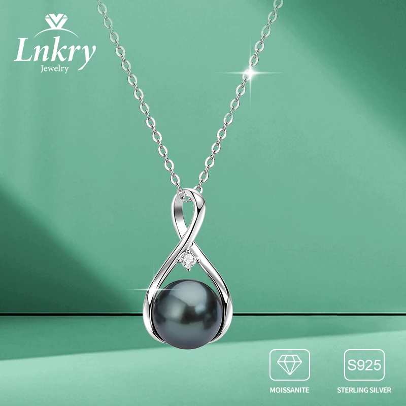 Lnkry 9-10mm Tahitian Black Pearl Pendant Necklace 925 Sterling Silver Infinity Necklace For Valentine's Day Mother's Day Gift