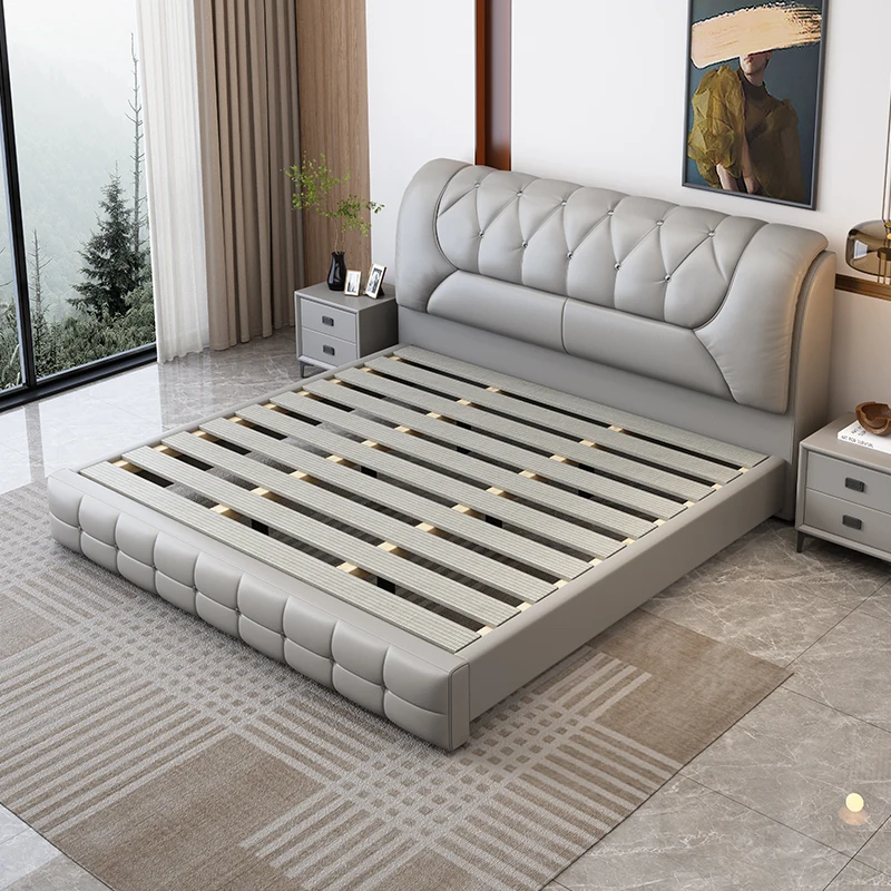 ^Customize Modern Italian Minimalism Gray Queen King Size Leather Upholstered Storage Platform Soft Box Spring Bed Frame Tufted - view 2