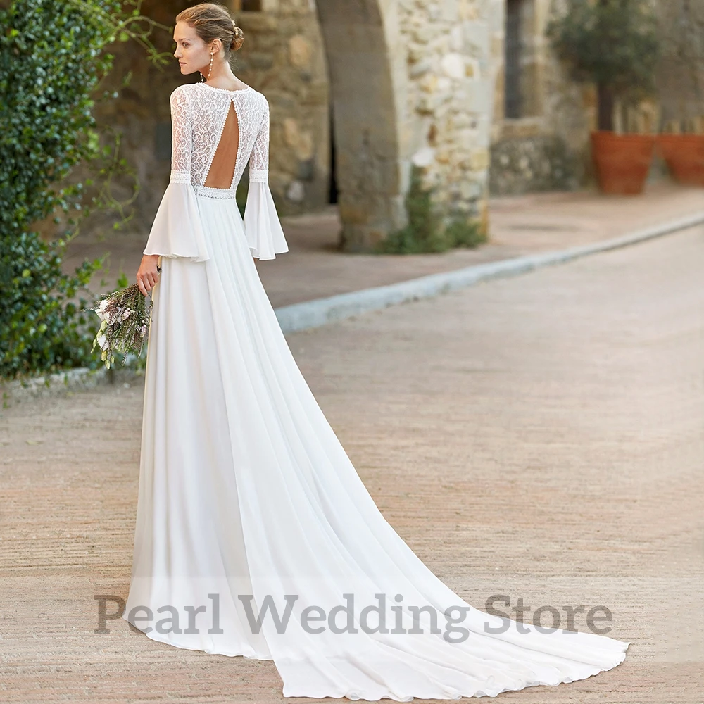 Bohemia Lace Chiffon Wedding Dress V-Neck Bride A-Line Flare Sleeve Beach Seaside Marriage Romantic Bridal Custom Made Gowns