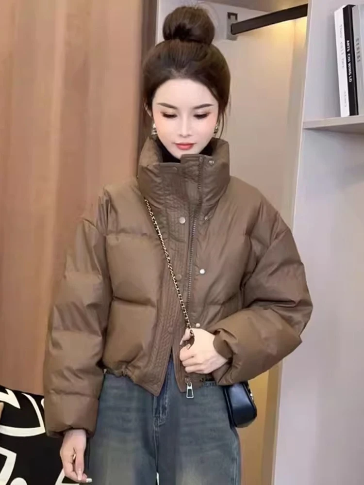 

Women's Winter ort Cotton Jaet Stand Collar down Coat Casual Versatile Sli Korean Version Long Sve Zipper Pure Color