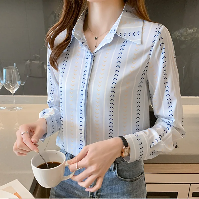 #3157 Spring Office Satin Shirt France Style Chiffon Printed Striped Long Sleeve Shirt Women Elegant Ladies Tops And Blouses 