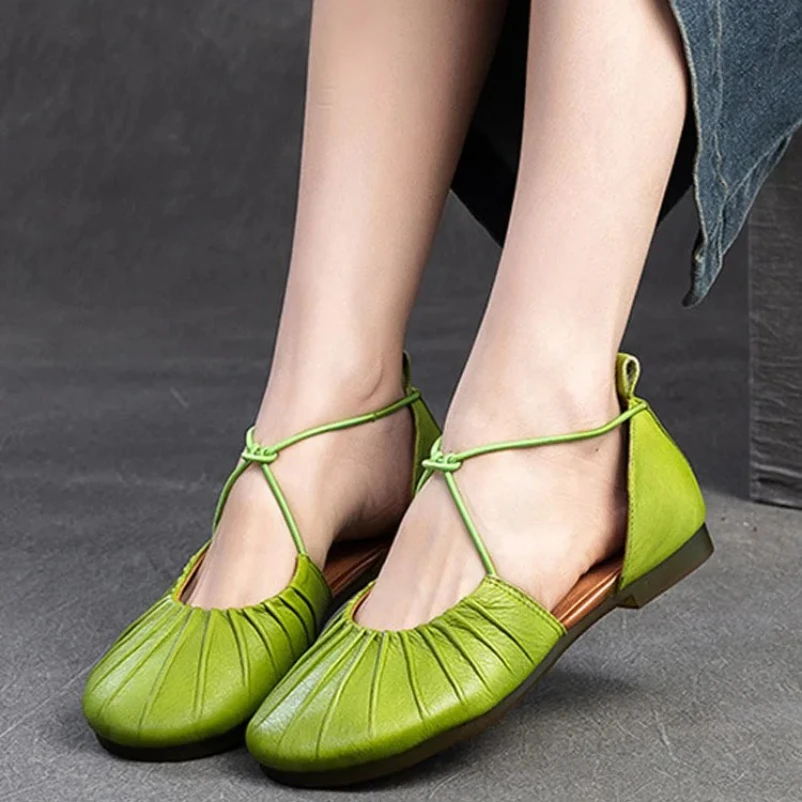 2025 جلد البقر المدبوغ جلد طبيعي الشقق العرقية الصيف مريح لينة سوليد عادية المرأة أوكسفورد الضحلة الانزلاق على أحذية مرنة