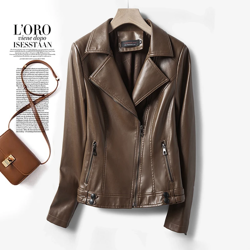 Genuine Leather Suit Collar Women\'s Short Spring Autumn Jacket Elegant Slim-Fit Sheepskin Coat Thickened Warm Soft Comfortable