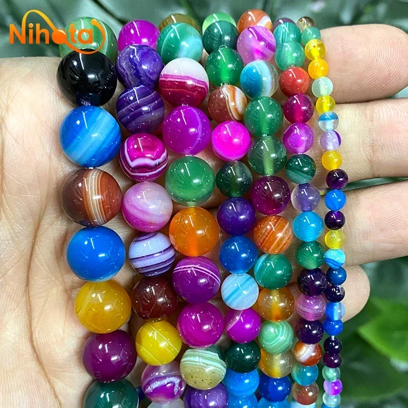 Natural Stone Mixed Color Stripe Agates Round Beads Bracelet Ring DIY Bead Perles for Jewelry Making 15