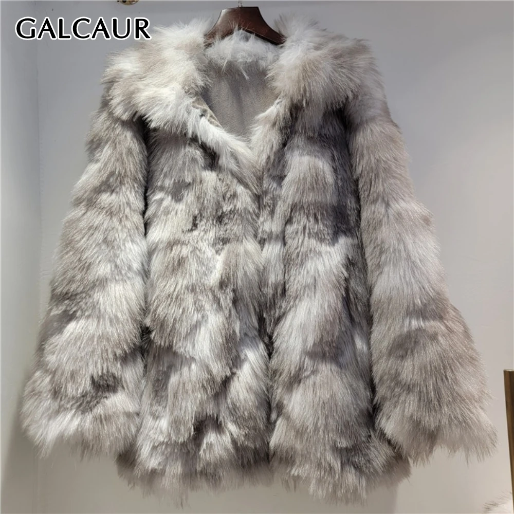 

GALCAUR Gray Spliced Fur Chic Jacket Female Lapel Long Sleeve Loose Temperament Design Women's Jackets Autumn Style Fashion New