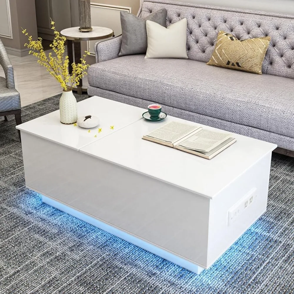 

Lift Top Coffee Table With Hidden Storage Morden High Gloss Table With LED Lights and Socket for Living Room White Nightstands