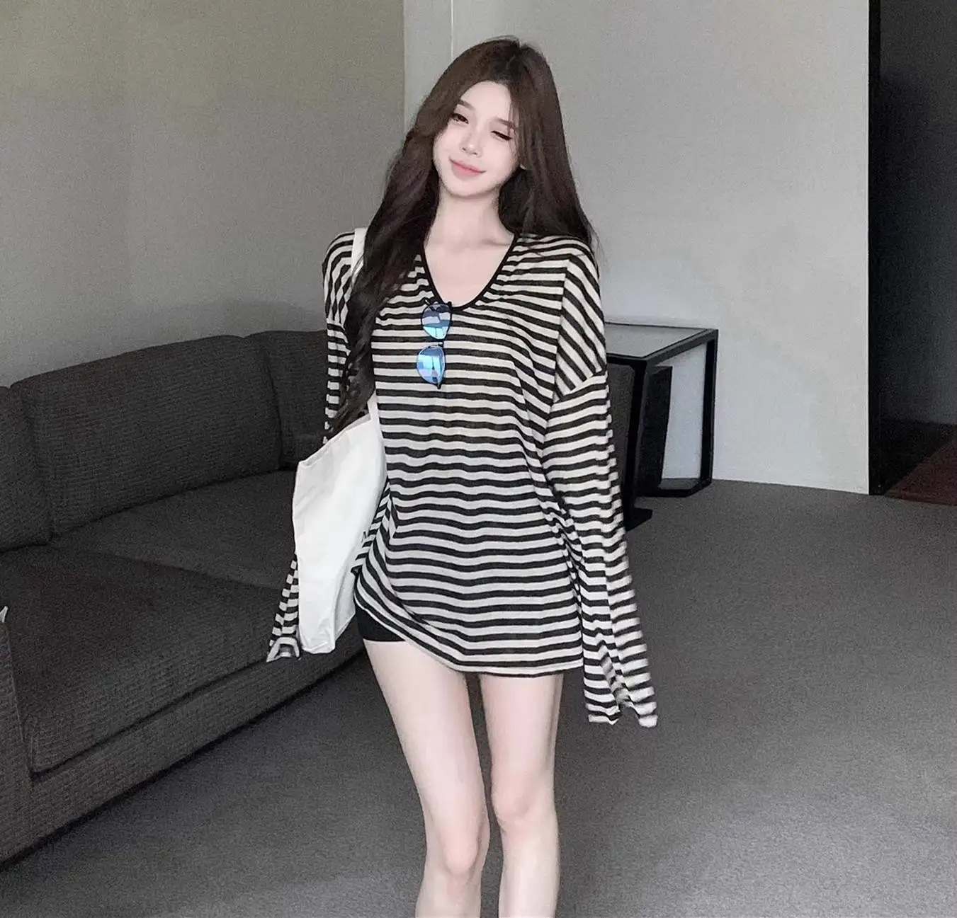 

Long Sleeved T Shirt Black Gym Womens Summer Lightweight Wide Cut All-Match Sweet Maiden Beach Cotton Feminine Waist Pleated Tee