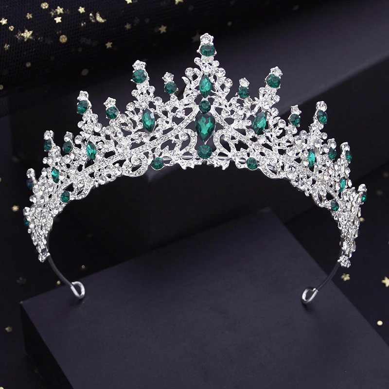 Green Crystal Wedding Crown for Queen Bridal Headdress Fashion Tiaras Hairwear Girls Prom Head Ornaments Jewelry