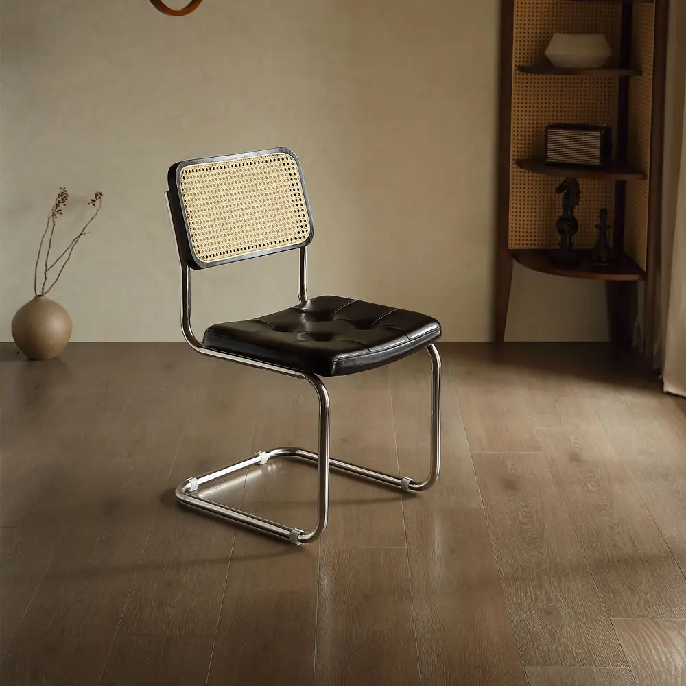 

French medieval rattan dining chair household Italian dining table solid wood chair retro Vassili stainless steel leather stool